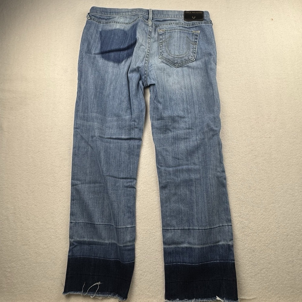 True‎ Religion Cropped Jeans Women 30 Ombre Raw Hem Relaxed Straight Blue - Picture 3 of 11